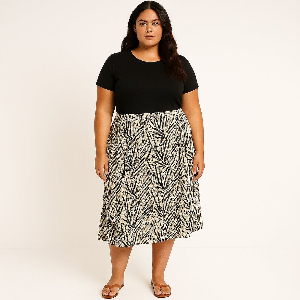 Liz Claiborne Black and Cream Pull On Elasticized Waist A-Line Skirt Size 2X